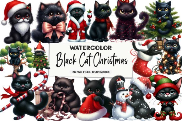Christmas Black Funny Cat Clipart for Brand Illustrations
