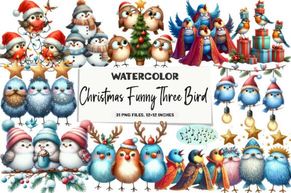 Christmas Funny Three Bird Clipart for Modern Illustrations