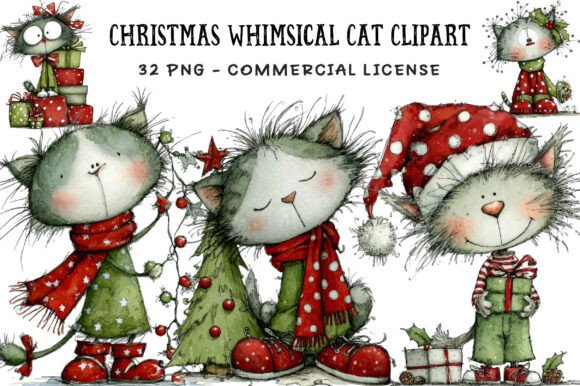 Christmas Whimsical Cat Clipart for Modern Illustrations