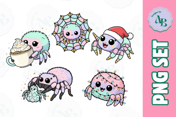 Cute Winter Christmas Spiders PNG Set Illustrations