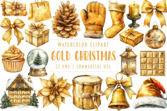 Gold Christmas Clipart Watercolor Illustrations Review
