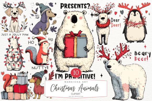 Hand-Drawn Christmas Animals Png Clipart for Illustrations