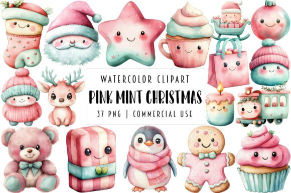 Kawaii Pink Mint Christmas Clipart for Branding and Illustrations