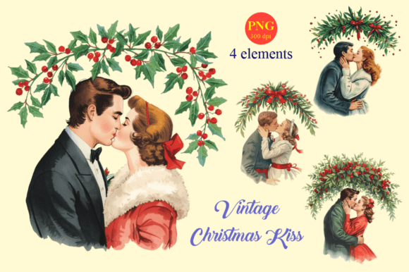 Vintage Christmas Kiss Watercolor PNG Se for Illustrations