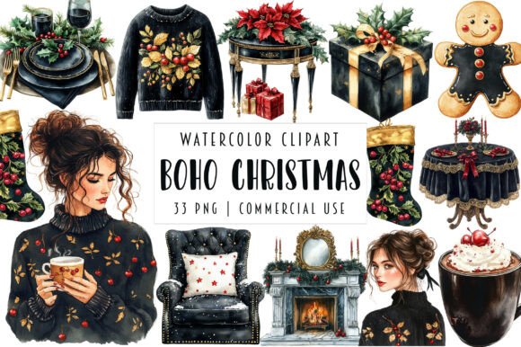 Watercolor Boho Christmas Clipart for Illustrations