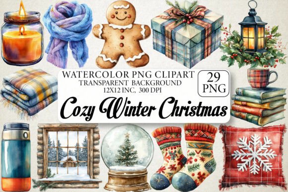 Watercolor Cozy Winter Christmas Clipart and Freebies
