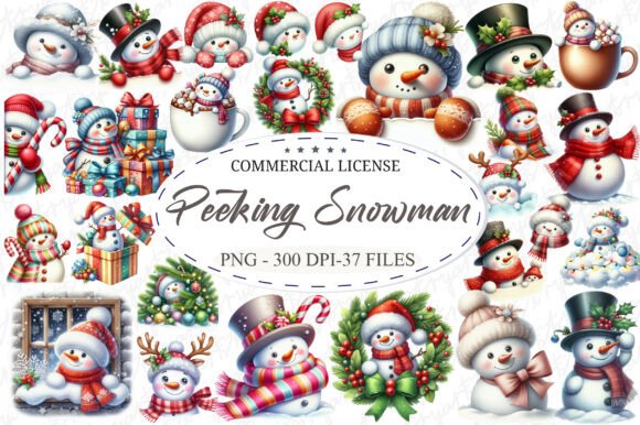 Watercolor Peeking Christmas Snowman Png in Illustrations