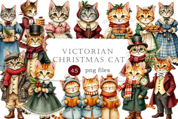 Watercolor Victorian Christmas Cat PNG: Illustrations for Branding