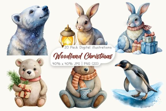 Watercolor Woodland Christmas Clipart for Brand Identity and Illustrations