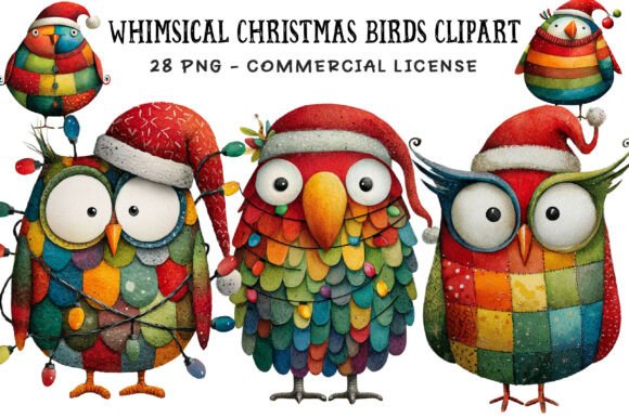 Whimsical Christmas Birds Clipart for Illustrations